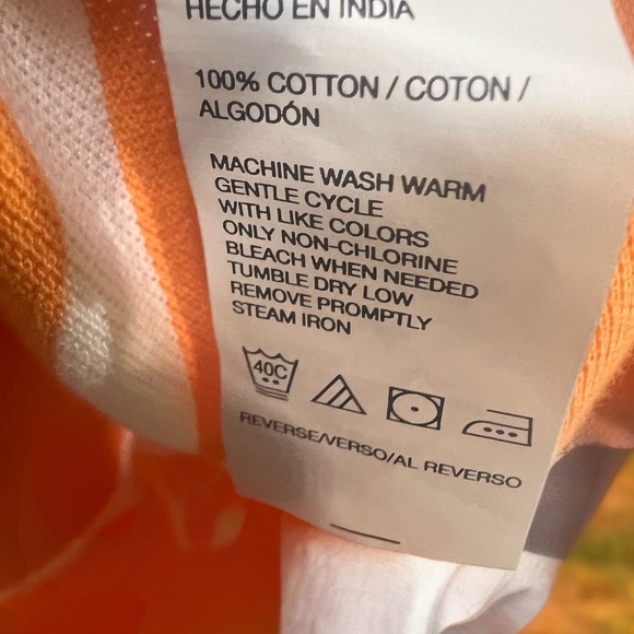 AAROW, XL, ORANGE/BLUE/WHITE STRIPE, SHORT SLEEVE, 3/4 BUTTON COLLAR POLO. - Picture 3 of 6